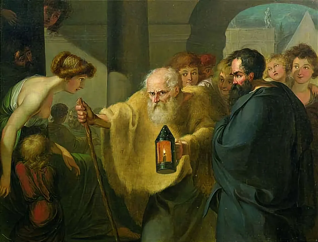 Gemälde: Diogenes sucht mit einer Laterne am helllichten Tag nach einem Menschen